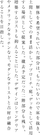 解体を希望されていた部分は、もったいないので床を抜き、土間としてそのまま活かし、アプローチ、庭、デッキとして活用する場所として提案した。撤去予定だった二階部分も残り、増築するコストも抑えることにした。デザインはシャンデリアやメタリックなキッチンなど、モダンなテーストと古材が融合することを目指した。