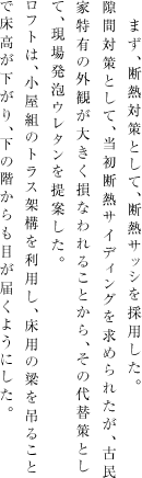 　まず、断熱対策として、断熱サッシを採用した。隙間対策として、当初断熱サイディングを求められたが、古民家特有の外観が大きく損なわれることから、その代替策として、現場発泡ウレタンを提案した。ロフトは、小屋組のトラス架構を利用し、床用の梁を吊ることで床高が下がり、下の階からも目が届くようにした。